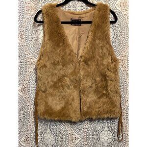 Fluffy Faux Fur Vest With Suede Trim & Side Ties Large